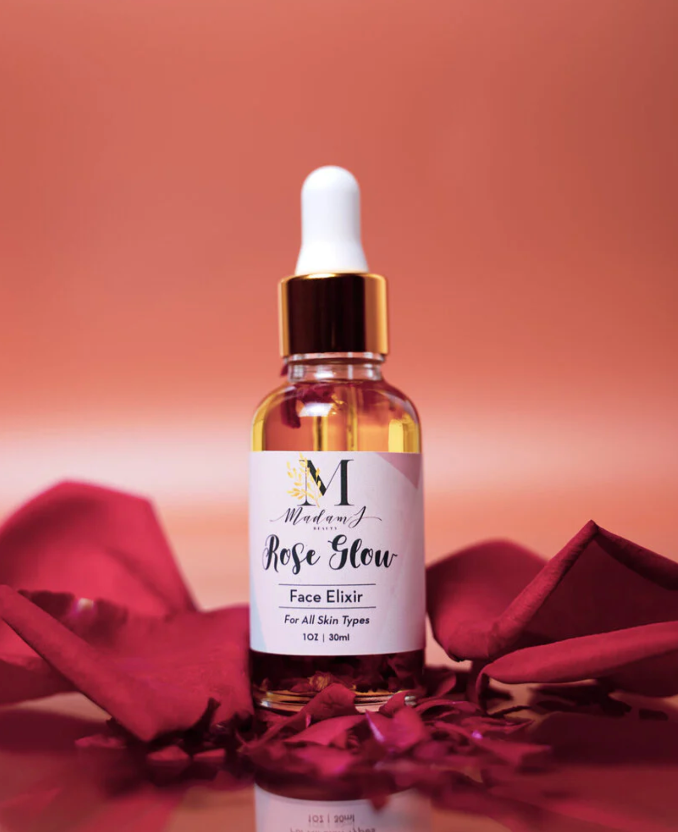 Rose Glow Face Elixir in dropper bottle made by Madam J Beauty