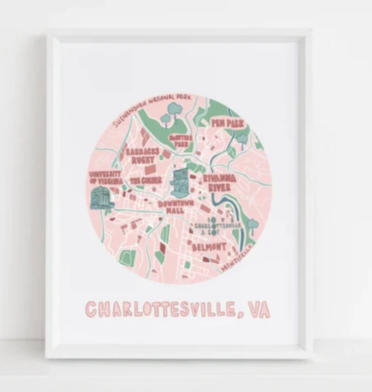 framed print of pink + green illustrated Charlottesville, made by Sunday Table Company