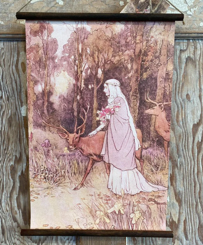 Vintage wall hang of woman and deer in the forest, created by the Gold Fern Store