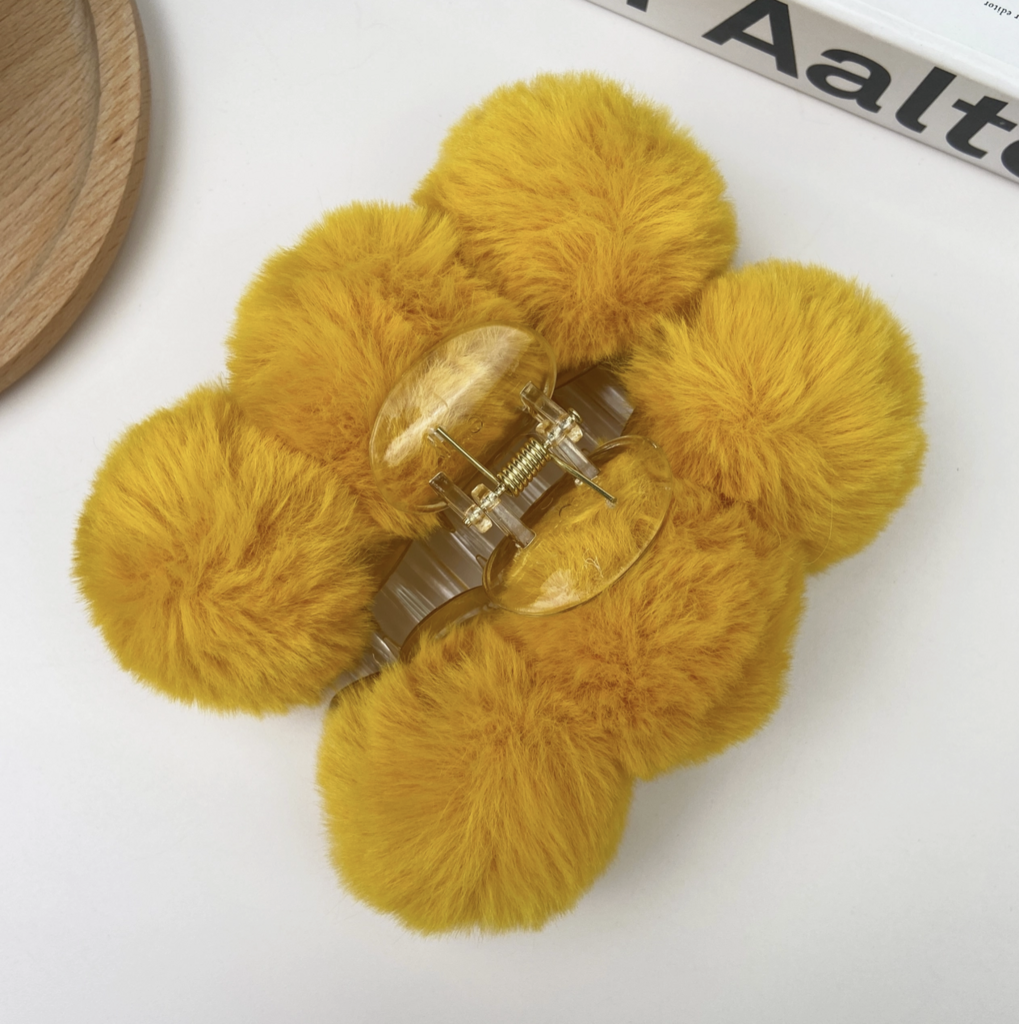 Fluffy PomPom Rabbit Fur Hair Claw Clip
