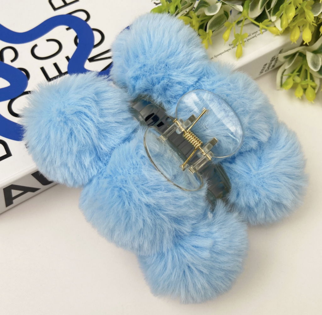 Fluffy PomPom Rabbit Fur Hair Claw Clip