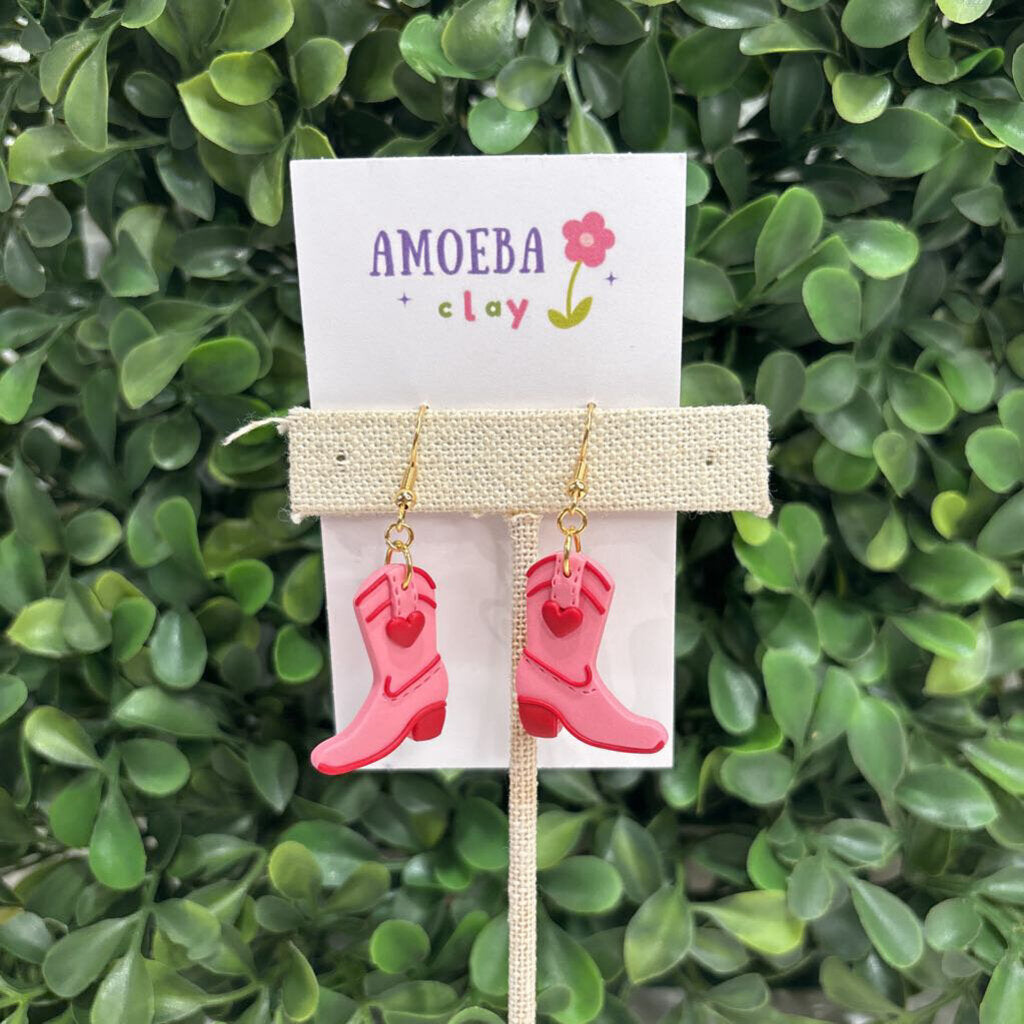 Pink Heart Cowboy Boots Post Earrings
