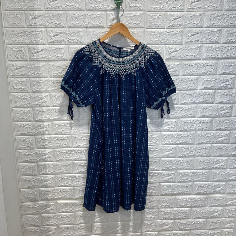Plaid Embroidered Puff Sleeve Babydoll Dress