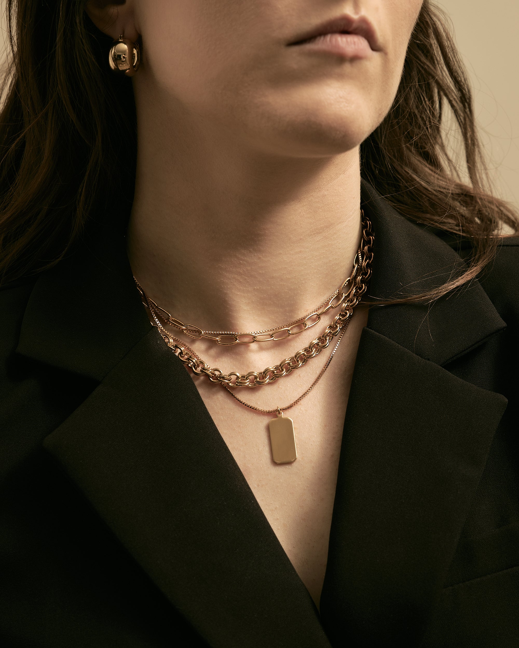 Close up of chain necklaces, one with a pendant and earrings on a white femme model