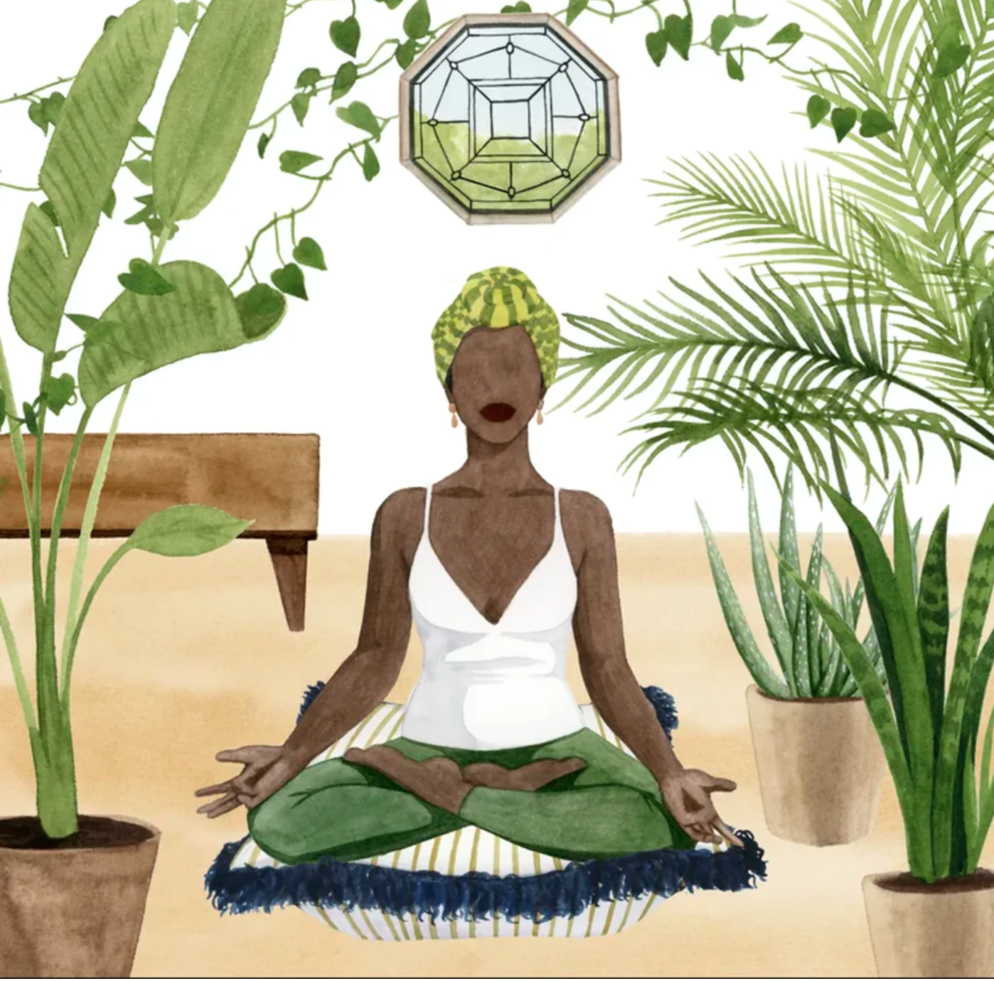 Illustration of black woman practicing yoga in a room filled with plants