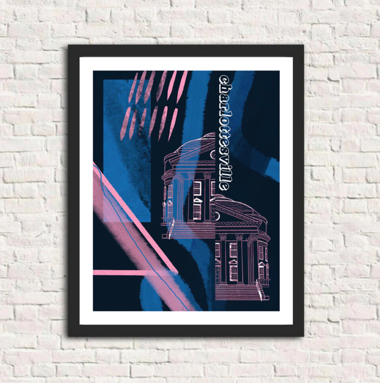 Framed print of abstract charlottesville art featuring a UVA landmark and blue + pink, made by art by Li