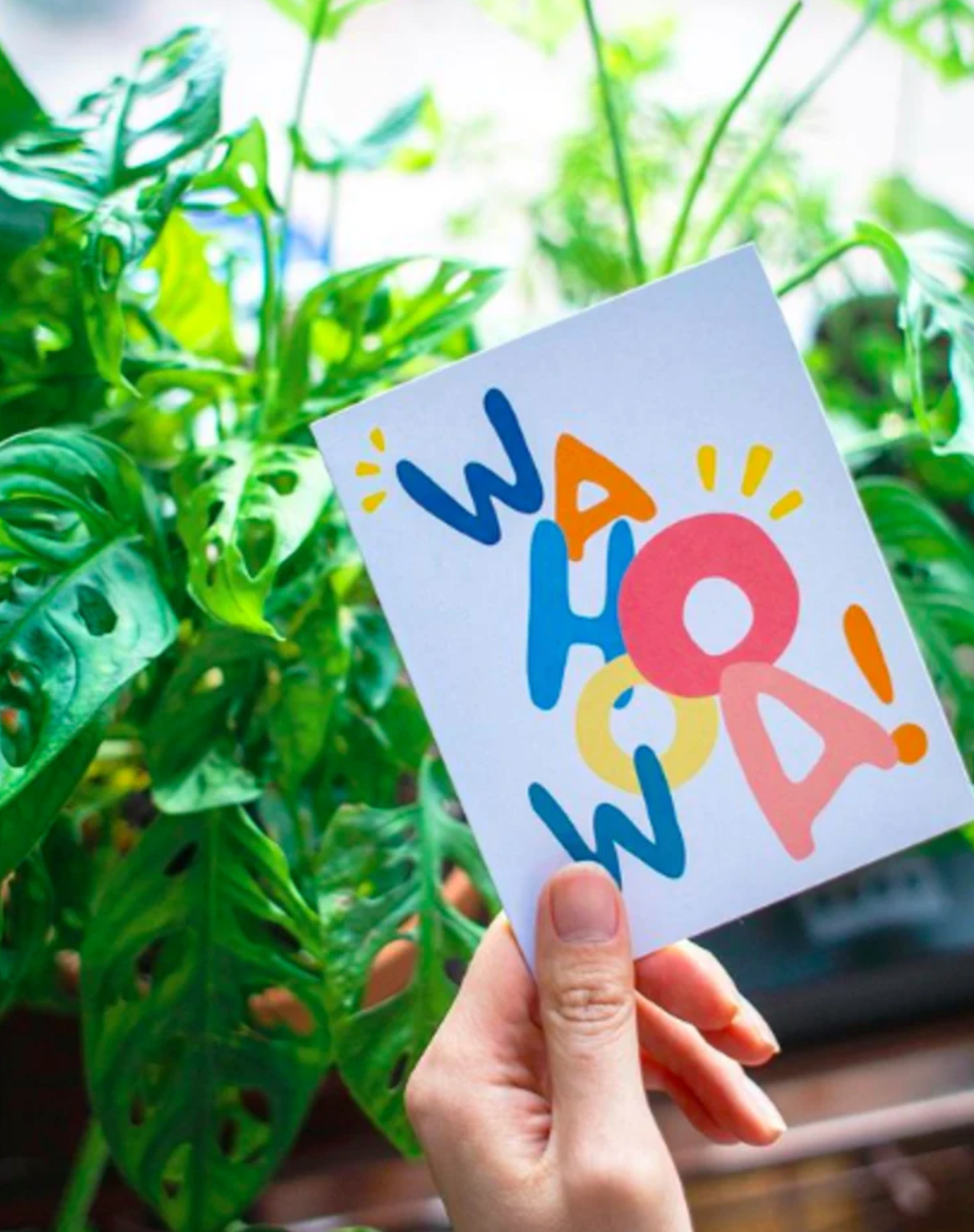 Colorful card that says "Wahoowa!" in whimsical lettering, made by Brittany Fan Art