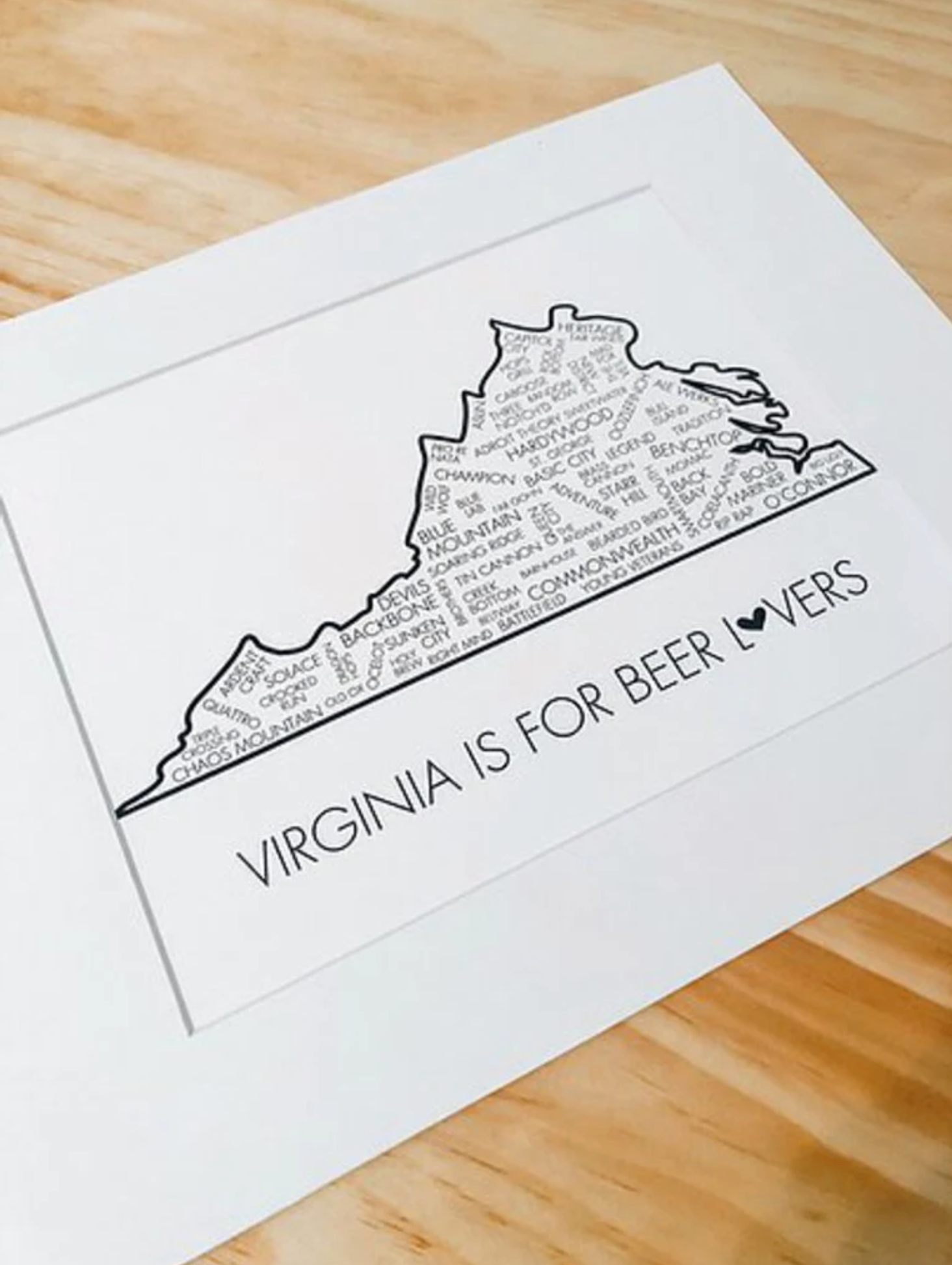 "Virginia is for beer lovers" print with VA breweries listed in the shape of virginia, made by Jacki of all Trades