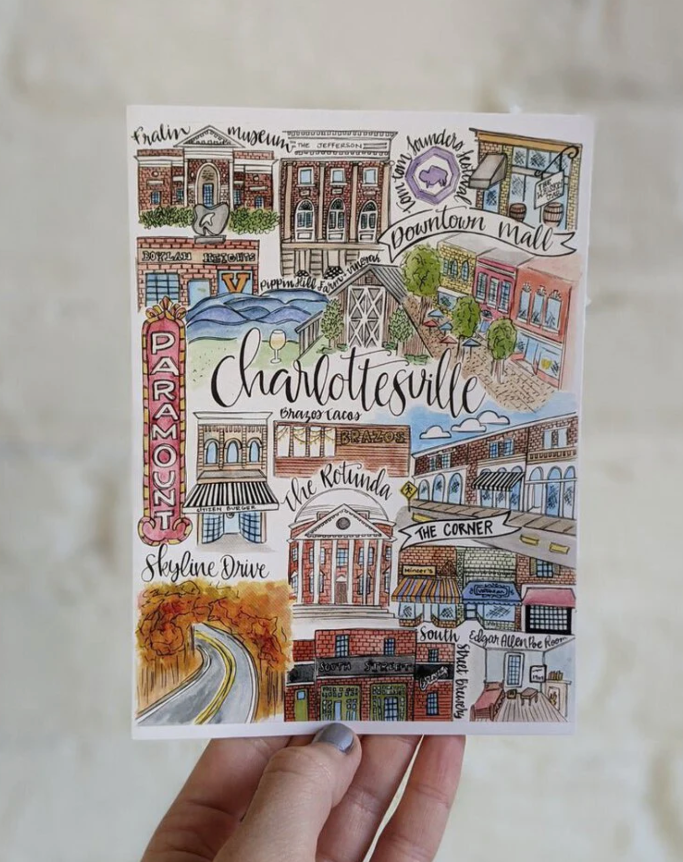 Charlottesville Card with illustrated landmarks, made by Mad Kitchen Co.