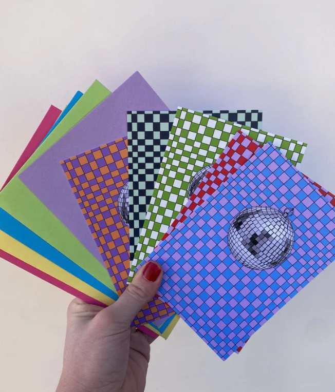 Checkerboard Disco cards made by Mara Sprafkin Draws