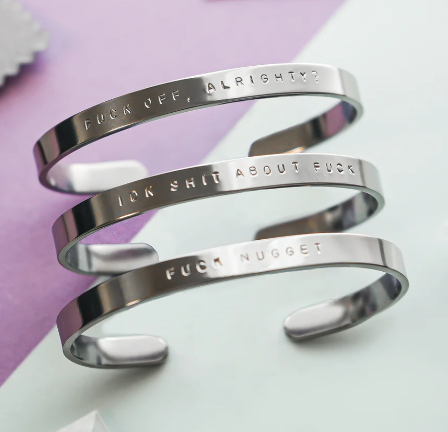 3 silver sassy engraved cuffs from Potty Mouth Studios