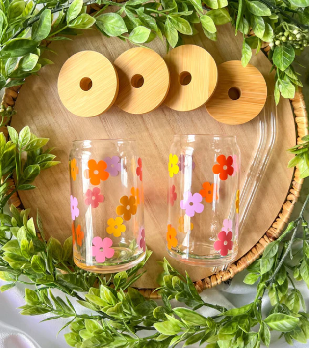 Pink, yellow + orange glassware with lids made by Simply True Design Co.
