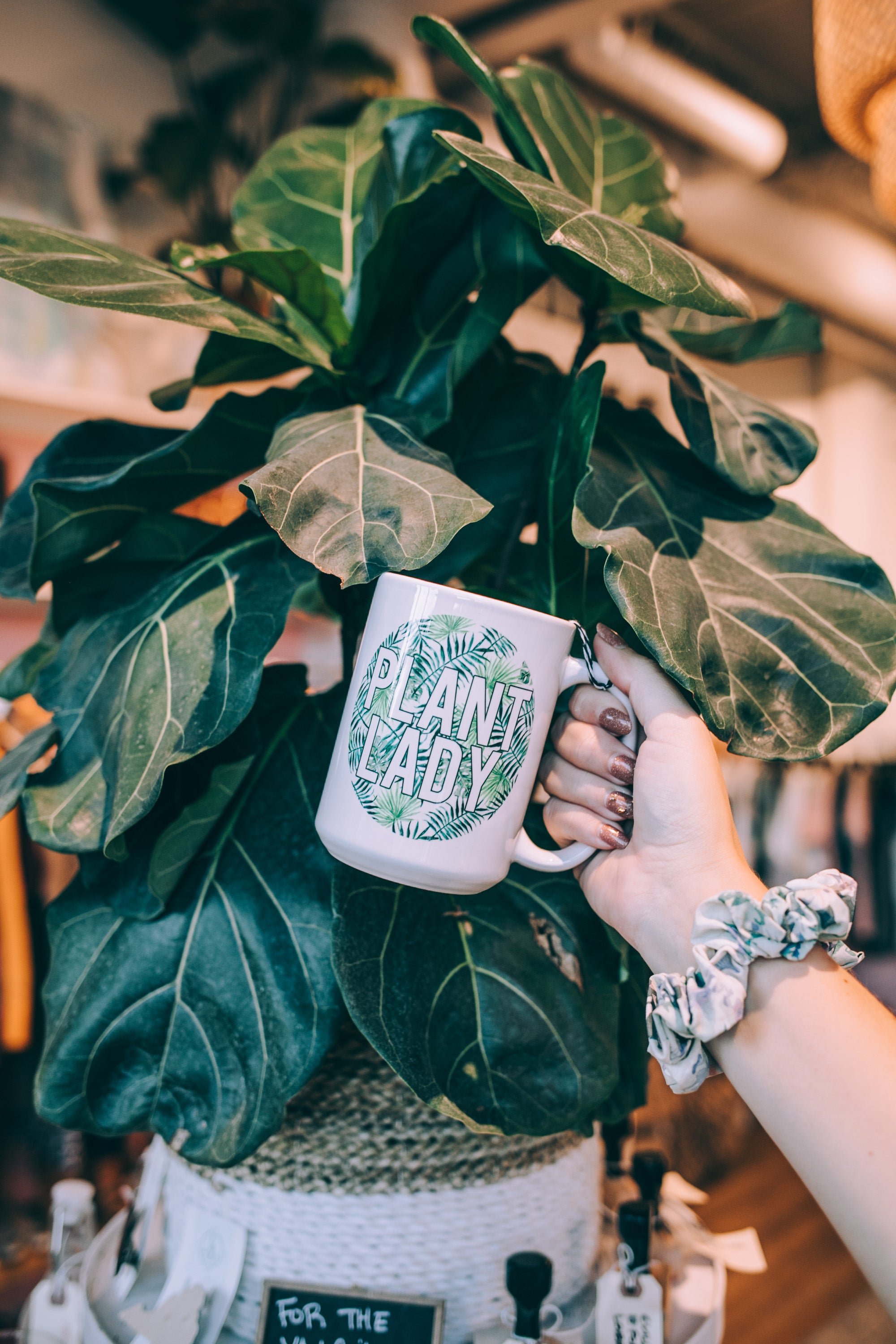 woman holding a mug with a leaf print that says "Plant lady" in front of a plant in-store at Darling x Dashing